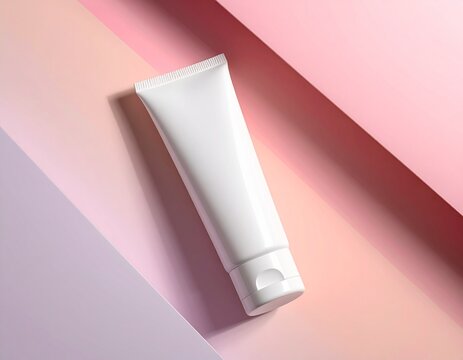 A white cosmetic tube rests against a backdrop of pastel pink and purple geometric shapes.