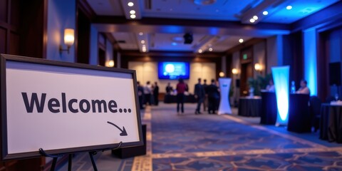 Welcome sign in a professional event space with guests mingling in the background.