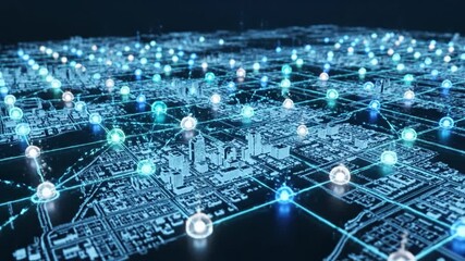 Digital city network with glowing connection points and data communication showcasing futuristic urban technology, smart infrastructure, and vibrant digital communication systems in modern cityscape - Powered by Adobe