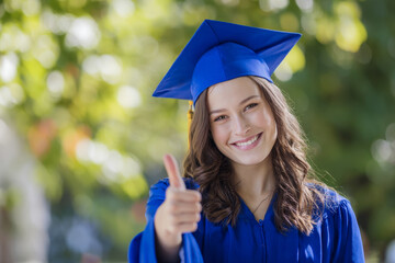 Young woman in a blue graduation cap and gown smiling and giving a thumbs up outdoors with a soft-focus green natural background on a sunny day