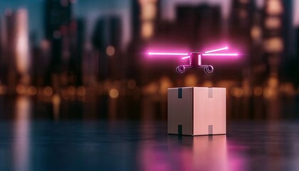 A futuristic drone with neon pink lights hovers over a cardboard delivery box, with a blurred city skyline illuminated by bokeh lights in the background at nigh