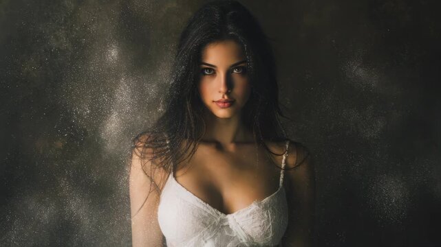 A beautiful brunette woman portrait wearing white bodycon dress, with grain dust and scratches