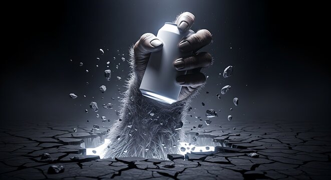 A hairy hand emerges from the ground holding a blank soda can