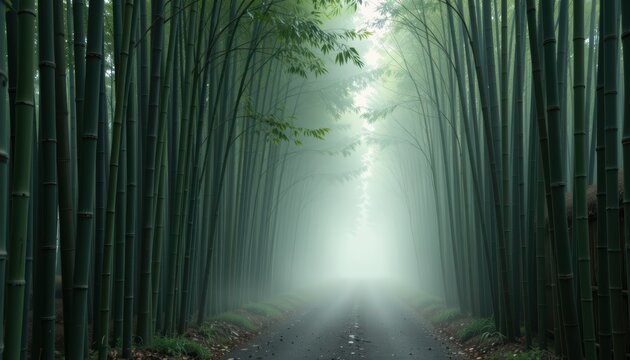 A serene bamboo forest pathway leading to a misty light.