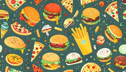 Cartoon Seamless Pattern of Burgers, Pizza, and Fries on a Gray Background