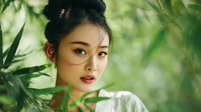 A beautiful Chinese female model, delicate and beautiful features, smooth bun, delicate makeup, the background environment is bamboo forest