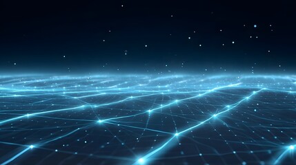 A futuristic abstract digital network grid featuring luminous blue lines and nodes representing data flow and global connectivity against a dark star like background