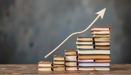Stack of books forming an upward trend with an arrow, symbolizing growth and knowledge.