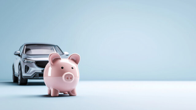 Savings method with a piggy bank and modern vehicle, created AI