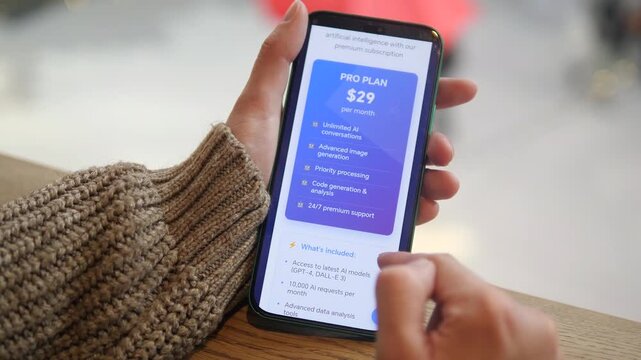 Closeup shot of a woman studying subscription terms and pricing for artificial intelligence services on her smartphone in a public space. 