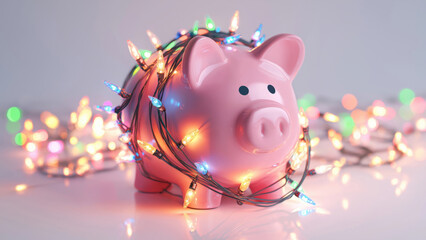 Colorful lights wrap around a bright piggy bank, created AI