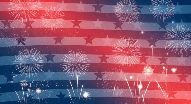 Abstract background overlay featuring vibrant fireworks exploding over a faded graphic of the American flag with a red, white, and blue gradient and star and stripe pattern for a patriotic celebration