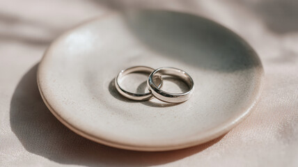 Two silver wedding rings on a light ceramic plate, airy neutral glow. Minimalist still life