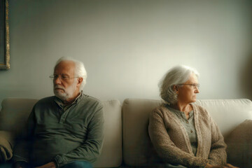 An old couple sitting on opposite ends of sofa, body language slightly turned away, neutral faces looking in different directions. Emotional distance and relation crisis concept.