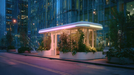 Eco-friendly neon glowing bus stop shelter among futuristic city buildings. Vegetation and sustainable materials for innovative use of public transport network.