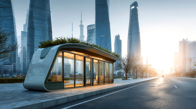 Eco-friendly bus stop shelter in a futuristic high-tech cityscape. Vegetation and sustainable materials for innovative use of public transport network.