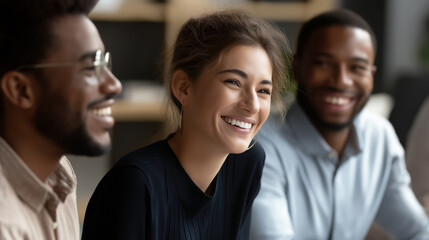 Collective of colleagues sharing laughter and positive energy faceless coworkers defocused modern office background close interaction teamwork diverse workplace atmosphere
