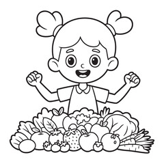 Fototapeta premium Cheerful cartoon child with pigtails showing off a large assortment of healthy foods girl happy