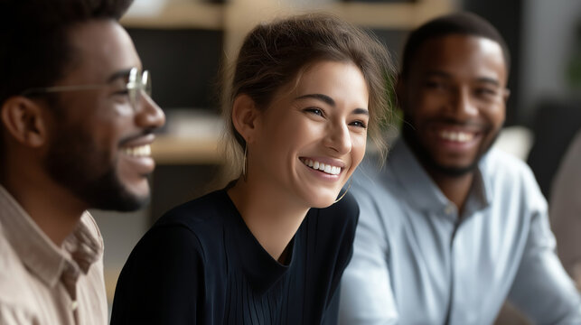 Collective of colleagues sharing laughter and positive energy faceless coworkers defocused modern office background close interaction teamwork diverse workplace atmosphere