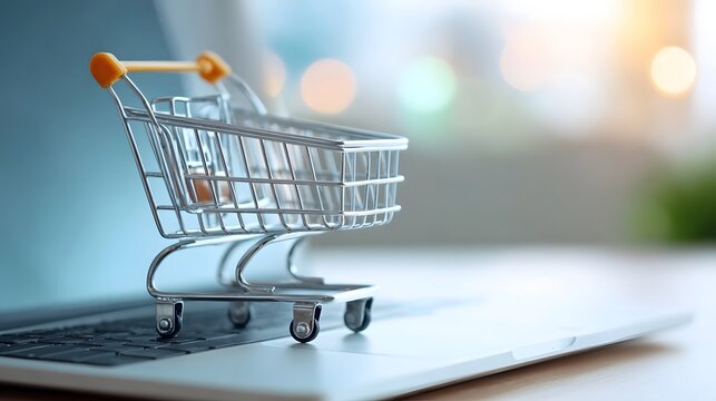 A symbolic representation of modern retail a small shopping cart sits atop a laptop keyboard illustrating the ease and convenience of global e commerce transactions
