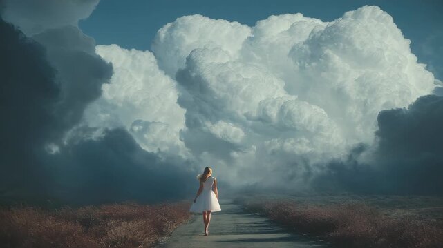 A beautiful woman in a white dress tanding on a path towards the clouds