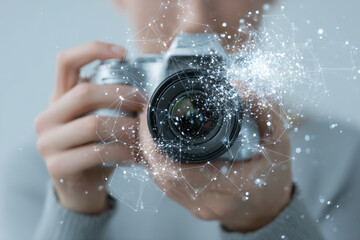 Person holding a digital camera with futuristic connected particles and glowing network symbols representing technology and innovation in photography concept