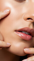 Fototapeta premium Close-up of a womans face with glowing, healthy skin and glossy lips, showcasing natural beauty and skincare