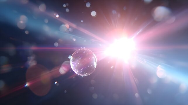 An ethereal cosmic scene featuring a transparent sparkling bubble suspended against a dark background bathed in the intense light of a bright celestial phenomenon with flares and bokeh effects