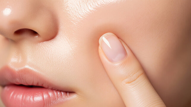 Close-up of a womans face with a finger touching her cheek, highlighting skin texture and a subtle blemish
