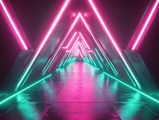 Vibrant futuristic tunnel with neon lights offers dynamic, modern abstract background for your project