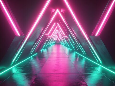 Vibrant futuristic tunnel with neon lights offers dynamic, modern abstract background for your project