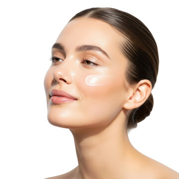 Beautiful woman applying skincare product on smooth face, portrait
