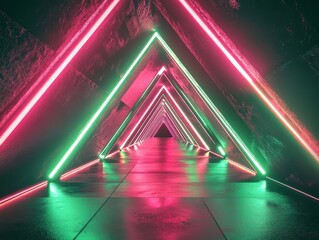Vibrant futuristic tunnel with neon lights offers a modern and dynamic design element for creative projects