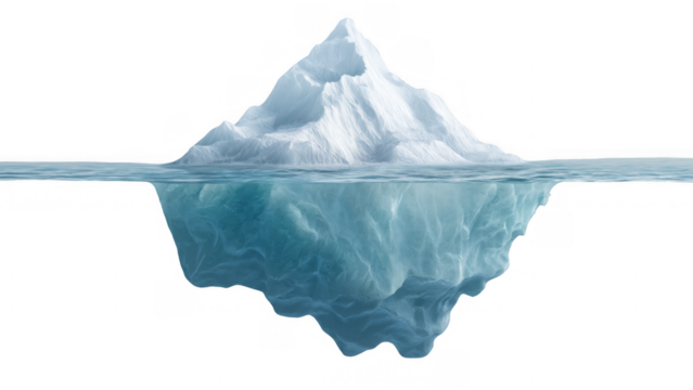 Iceberg rises from calm water, revealing textures, AI, PNG