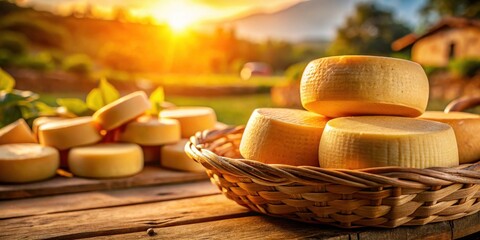 Golden hour cheese in a rustic basket, bathed in sunset light, surrounded by additional wheels of cheese on a wooden surface