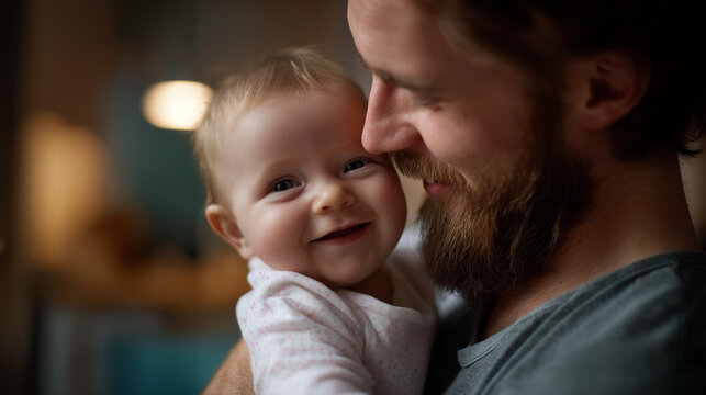 Candid scene of parent cherishing time with happy infant faceless father baby defocused foreground background family love joy moment domestic bonding visualization with copy