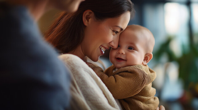 Candid scene of parent cherishing time with happy infant faceless father baby defocused foreground background family love joy moment domestic bonding visualization with copy