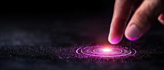 A close-up shot of an adult's finger touching a glowing, circular digital interface with purple particles swirling around it, set against a dark, abstract backg