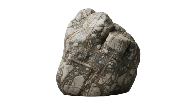 Rough grey rock with intricate patterns and textured surface, isolated for design use.