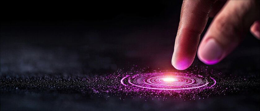 A close-up shot of an adult's finger touching a glowing, circular digital interface with purple particles swirling around it, set against a dark, abstract backg