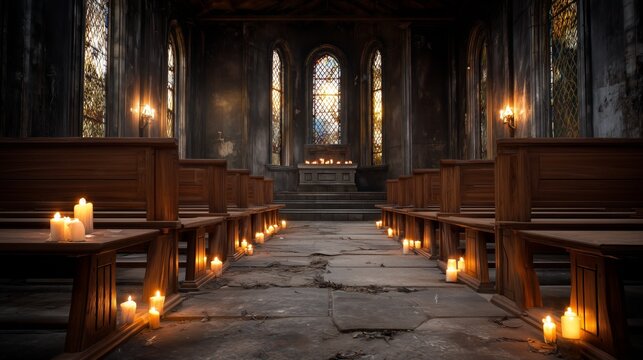 Candlelit ceremony in abandoned chapel gothic architecture atmospheric lighting tranquil environment perspective view
