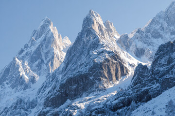 Majestic rugged snow-covered mountain peaks glowing under soft morning light against a clear blue sky in a serene alpine landscape