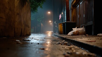 Obraz premium Nighttime urban alley scene city photography atmospheric low angle urban decay and isolation