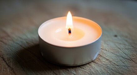 Close up of a lit tea light candle on wood surface