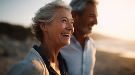 Happy senior couple walking and laughing together on beach faceless elderly pair defocused sunset background golden hour lighting moment warm tones lifestyle scene romantic