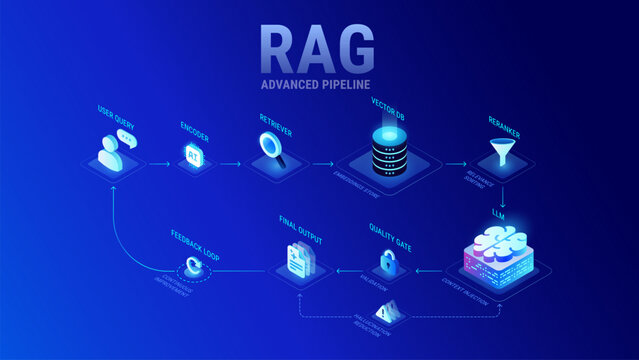RAG AI workflow isometric enterprise diagram showing Retrieval augmented generation, vector retrieval database, reranking, LLM, ai agent, quality check flow including AI hallucination reduction