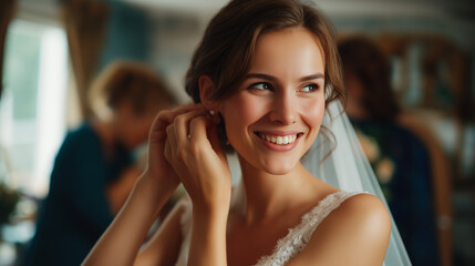 Confident bride preparing in suite adjusting accessory faceless woman defocused supportive attendants background natural light portrait moment wedding preparation scene bridal