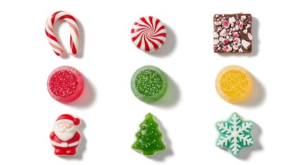 Assorted colorful candies on white background
