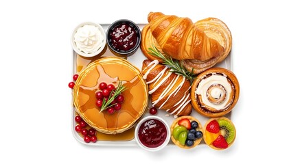 Breakfast pastries and pancakes on a white background