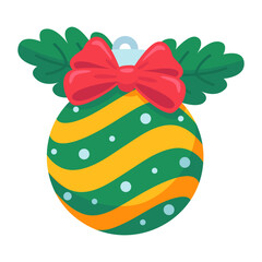 Vibrant Christmas Bauble Ornament with Stripes, Polka Dots, Red Bow and Leaves